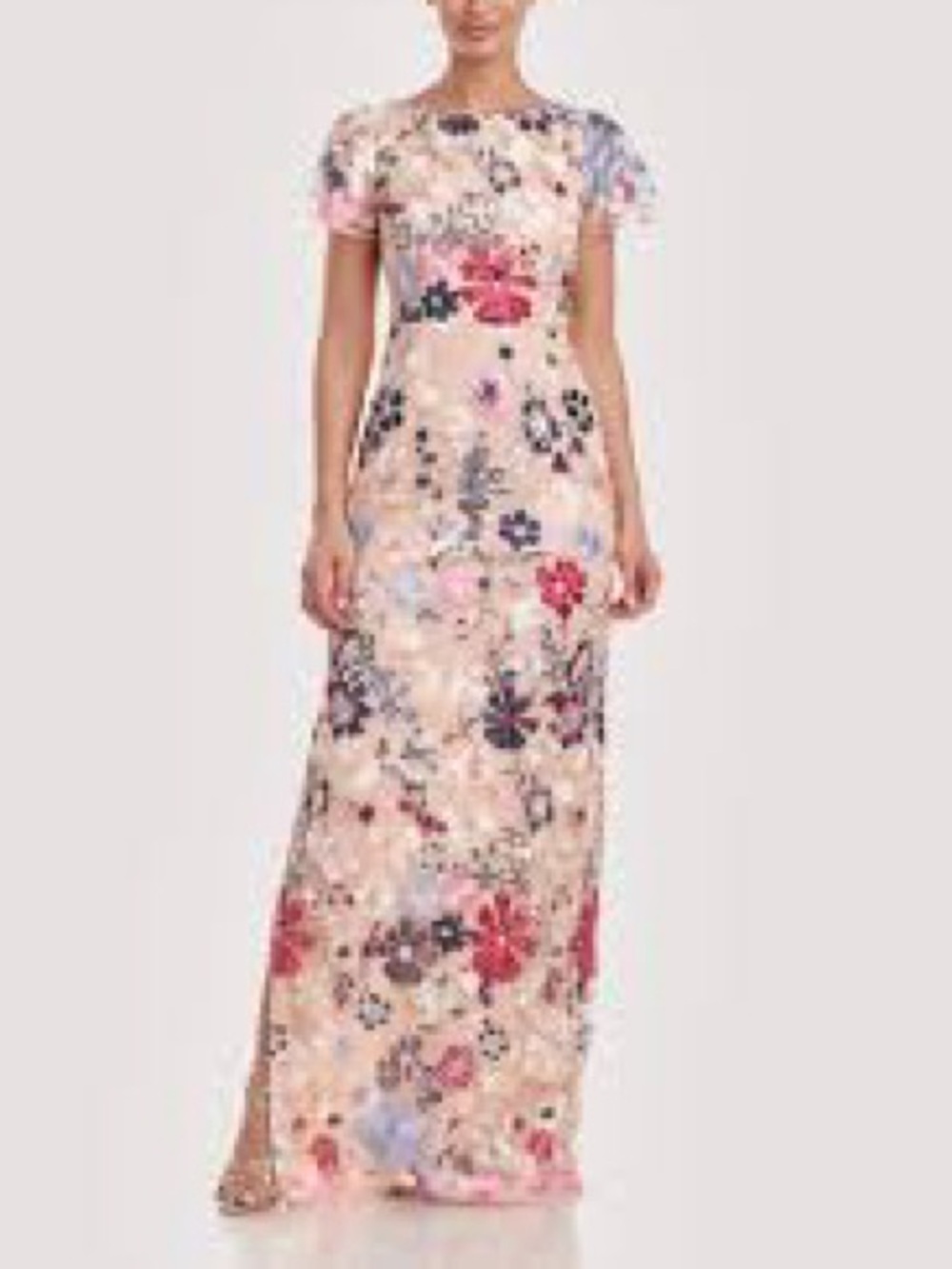 JS Collections Magnolia Pleat-Sleeve Gown Floral Embroidered Maxi Dress Pink